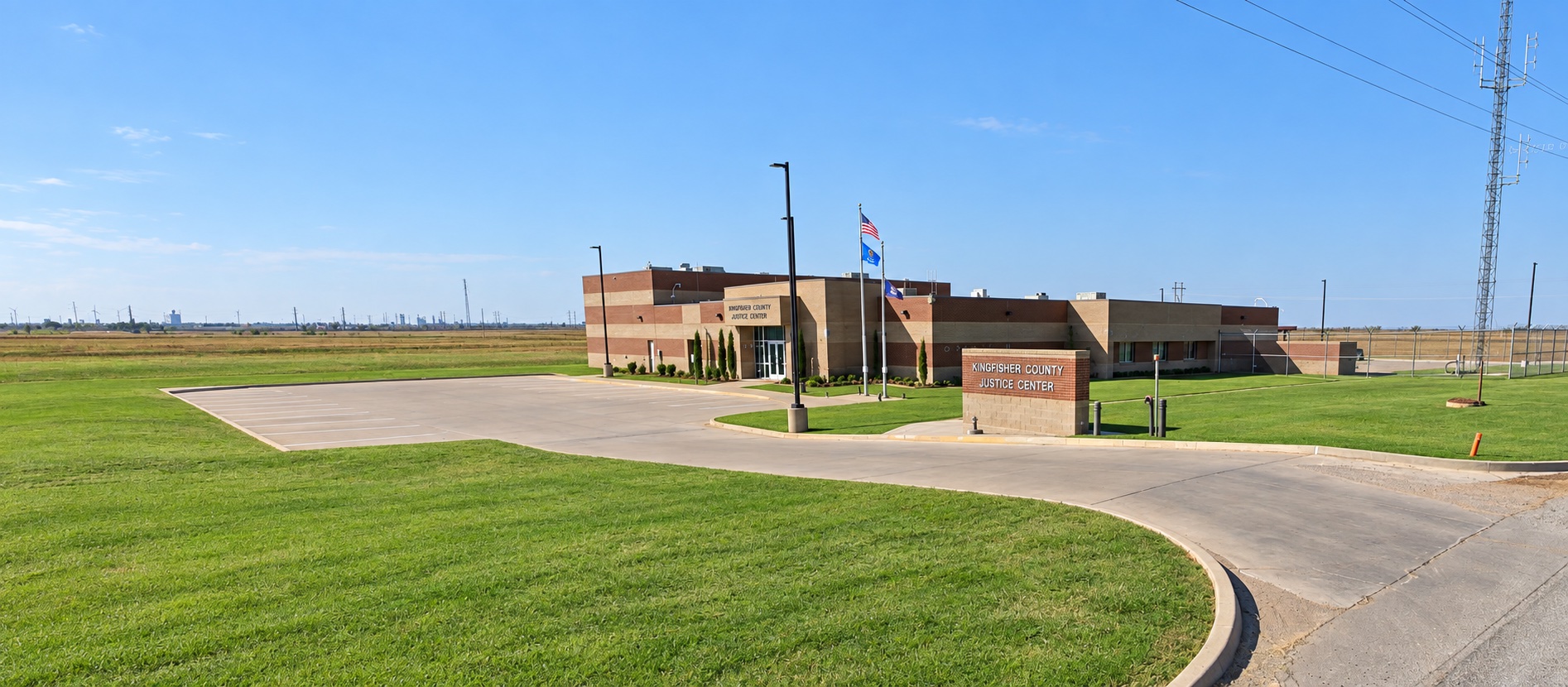 Kingfisher County Justice Center building and readable entrance sign in Kingfisher, Oklahoma